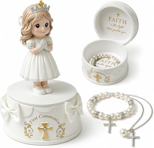 Kommunion Geschenke für Mädchen - 8pcs Erstkommunion Geschenke Mädchen Set mit Mädchenfigur Erinnerungsbox Perlenarmband Kreuzkette Grußkarte & DIY-Deko Religiöses Geschenk Set zur Kommunion