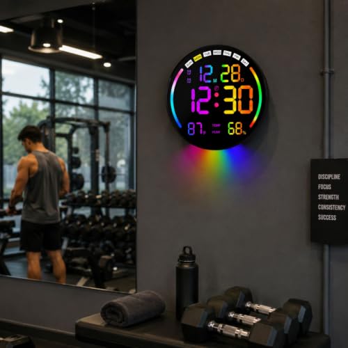 Image of HOME SKILL 10 inch RGB Digital Alarm Wall Clock Table Clock with Remote, Auto Dimmer,Temperature, Humidity, Dual Alarms, for Living Room, Gym, Garage, Gift, Home Decor (RGB Round WALL Clock)