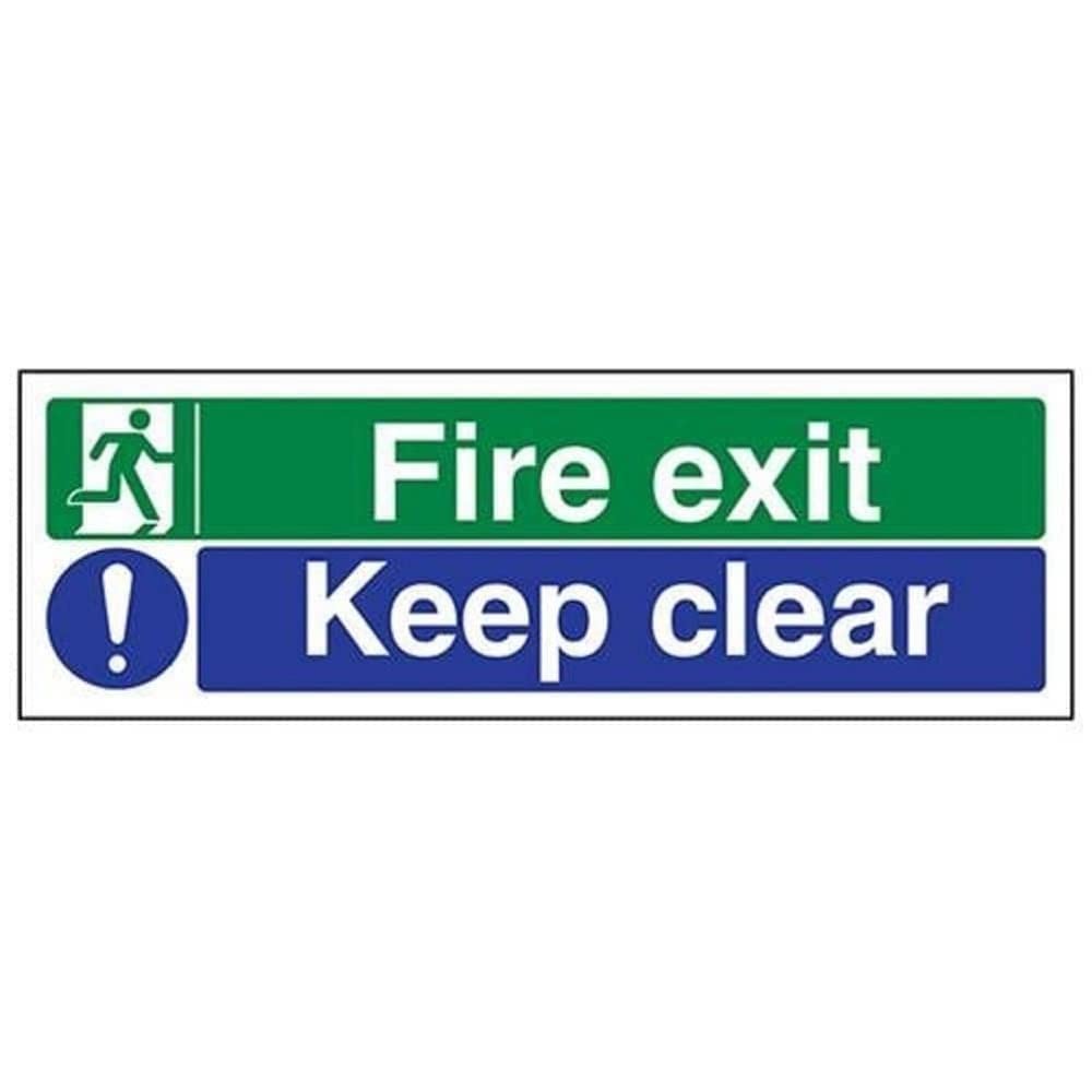 V Safety Fire Exit/Keep Clear Sign - Landscape - 300mm x 100mm - 1mm Rigid Plastic