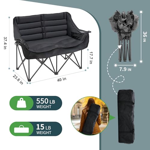 ABORON Silla Plegable Doble Sobredimensionada para Camping con Bolsillos Laterales, Silla para 2 Personas con Asiento Acolchonado, Loveseat Portátil para Patio, Camping, Deportes y Jardín miniatura 2
