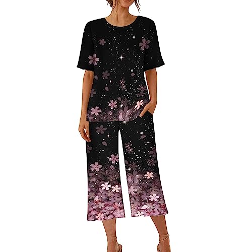 Pyjamas-Femmes-Ensembles-De-Pyjama-Femme-Sleepwear-T-Shirt-Manche-Courte-Pantalon-34-Coupe-Ample-ImprimeCouleur-Unie-Tenue-De-Nuit-Chic-Elegant-pour-Femme-Lingerie