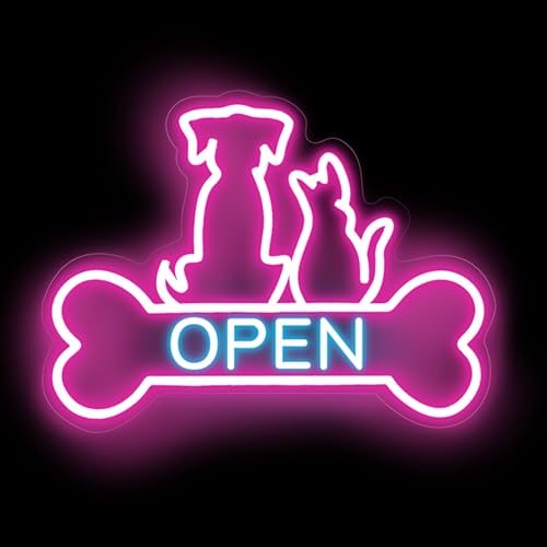 Image of Pet Shop Open Neon Sign Cute Dog And Cat Open LED Light | Bright Pet Grooming Salon Light Animal Shelter Storefront Decor Vet Clinic Window Decor, Pink+Ice Blue, 16.5 inchx12.4 inch