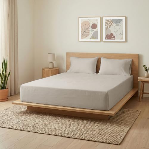Image of Blue Dahlia 100% Cotton, King Size /Double, Bedsheet (108 inch x 108 inch) + 2 Pillow Covers, Percale Weave, 200TC Solid Premium Bedsheet, Colour: Beige