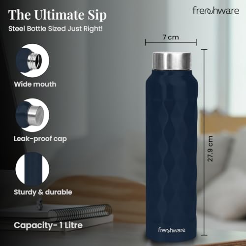 Image of Frenchware Water Bottle (1 Litre, Premium Stainless Steel, Midnight Blue) Bottle for Fridge, School, Outdoor, Gym, Home and Office, Scratch-Resistant, Rust Free, Non-Toxic, Easy-to-Clean