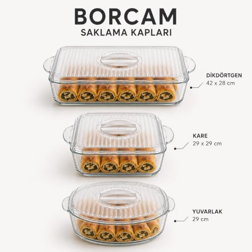 Kapak, Piev Borcam Uyumlu Kare, Dikdörtgen ve Yuvarlak Cam Seti, 3'lü Set, Şeffaf Cam, Fırın Kabı Uyumlu, Saklama Kabı Uyumlu