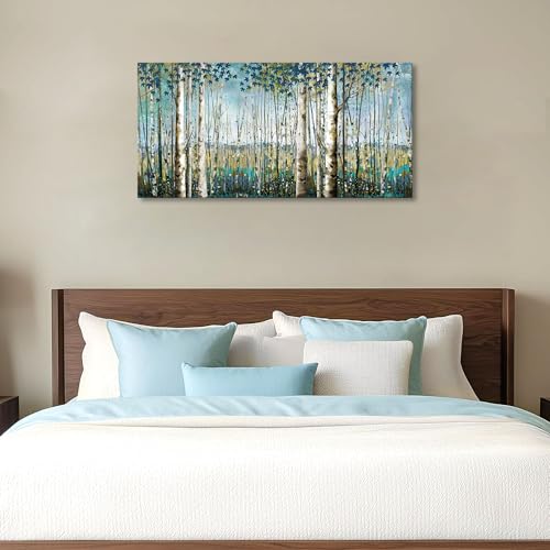 Image of Pogusmavi Forest & Mountain Wall Art Green Birch TreeFramed Nature Landscape Pictures for Living Room, Bedroom & Office Large Paintings Wall Decor Tree and Artwork for Wall Decor
