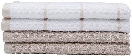 Amazon Basics 100% Cotton Terry Kitchen Dish Towels, Popcorn Texture - 4-Pack, Beige Stripe