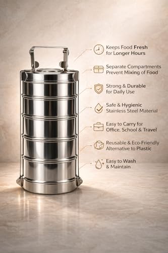 Image of WEKTU Stainless Steel Tiffin Box, 5 Tier Lunch Container with Locking Clips, Leak-Resistant Food Storage for Office, School and Travel