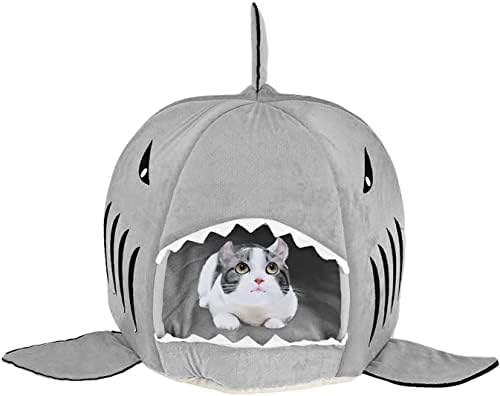 CAMAL Pet Bed, Shark Round Washable Cotton Soft Dog Cat Bed with Bed Mat (Large, Grey)