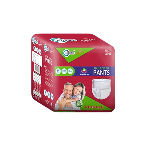 Image of MEDIMAF by Mafatlal Premium Adult Pant Diapers for Overnight Use | 10 Pieces (Medium) | Size (24-45 Inch / 60-115 cm) | Unisex Protection | High-Absorbency | Flexible Stretch Fit