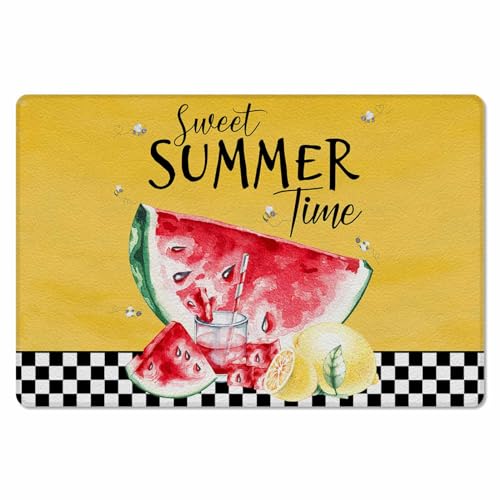 Watermelon Lemon Antifatigue Kitchen Bath Door Mat Cushioned Runner Rug,Washable Welcome Floor Sink Mat,Waterproof & Non-Slip Standing Doormat for Kitchen,Summer Fruits Black White Check 18