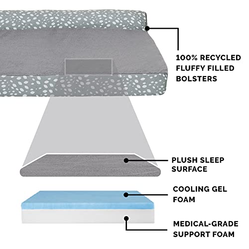 Image of FurHaven Supportive Cooling Memory Foam L Chaise Dog Bed with Washable & Removable Cover - Plush & Almond Print - Gray Almonds, Dogs Up to 35 lbs - Medium