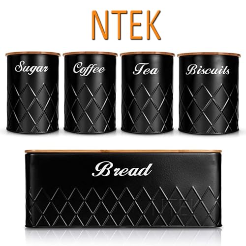 NTEK 5pc Kitchen Storage Bamboo Lid Set Includes Tea, Coffee, Sugar, Bread and Biscuit Barrel Canister Jar & Stylish Bread Bin - Diamond Embossed Design Matt Finish (BLACK) - Image 3