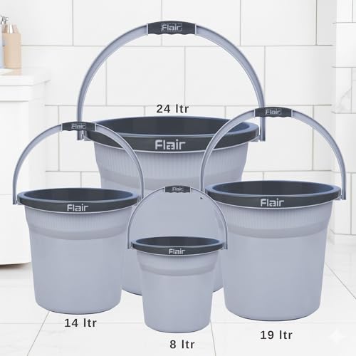 Image of FLAIR Estella 8L Set of 3 Plastic Bathroom Bucket, Grey | Durable Virgin Plastic Buckets with Easy-Grip Handle | Lightweight & Multipurpose for Mopping, Floor Cleaning, Kitchen and Daily Use