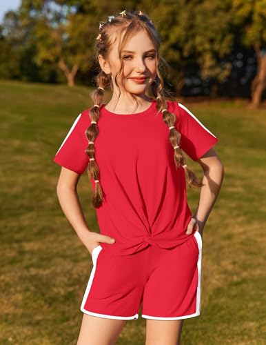 Image of Arshiner Girls Clothing Sets Twist Front Top and Shorts 2 Piece Outfits Activewear Tracksuit 5-14 Year