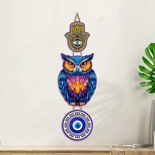 Image of Artvibes Lucky Owl Nazar Battu Wall Hanging for Main Door & Entrance | Evil Eye MDF Decorative Wall Art | Positive Energy Vastu Decor for Living Room | Balcony | Office | Hallway | Gift (WH 8529N)