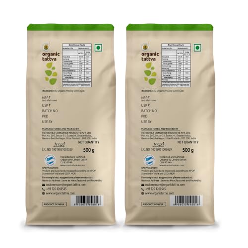 Image of Organic Tattva - Organic Green Moong Dal Split Chilka (Hari Moong Dal) 1 KG | 100% Organic, Gluten Free and NO Additives | Unpolished