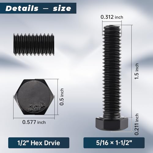 Image of Glvaner 5 /16-18 x 1-1 /2 inch Stainless Steel Hex Head Screws Bolts, Black Coated, 304 Stainless Steel 18-8, Hexagon Head Bolts, Full Thread, 10 pcs