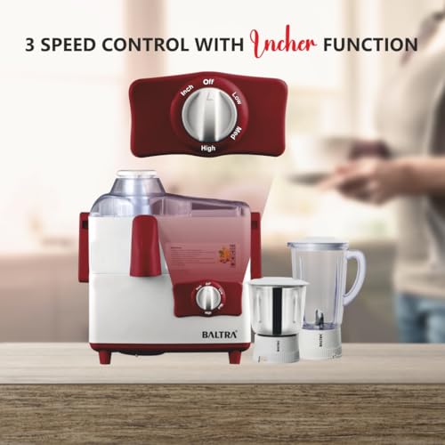 Image of BALTRA Master Deluxe 500W Juicer Mixer Grinder | 2 Jars (1.5L & 1L) | 3-Speed Control | SS Blades | Large Pulp Collector | Ideal for Fruits & Juices | 2-Year Warranty | Compact & Powerful