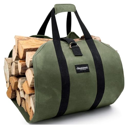 Amagabeli Firewood Carrier Bag Canvas Waxed Large Firewood Log Tote Carrying Indoor Bag Firewood Tote Fire Place Log Holders Outdoor Fire Wood Carrier with Handless Wood Stove Accessories Green