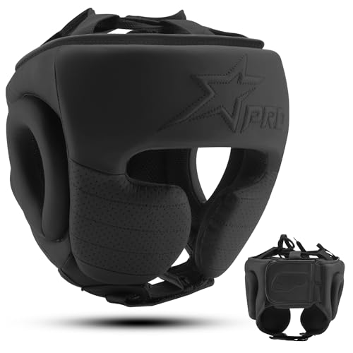 Starpro Protector de cabeza de boxeo, casco de combate de poliuretano negro mate para hombres y mujeres, ajuste ajustable, ligero, máxima protección contra impactos, MMA, Muay Thai y equipo de boxeo