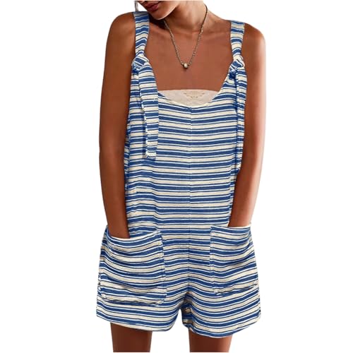 Striped Romper for Women Spaghetti Strap Linen Short Jumpsuits wi...