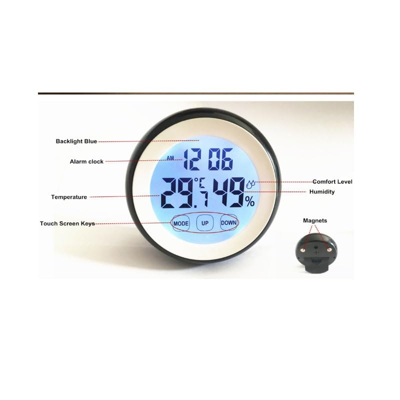 Round Touch Screen Temperature Humidity Meter with Clock Alarm for Household Use