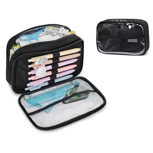 Image of Pencil Case, Large Capacity Zipper Pencil Pouch, Multi- Slot Pen Bag, Transparent Makeup Bag, Portable Office Stationery Pencil Bag.