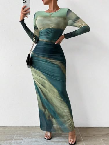Image of LIGHT DOT Women's Printed Bodycon Maxi Dress Long Sleeve Tie Dye Mesh Ruched Cocktail Dress
