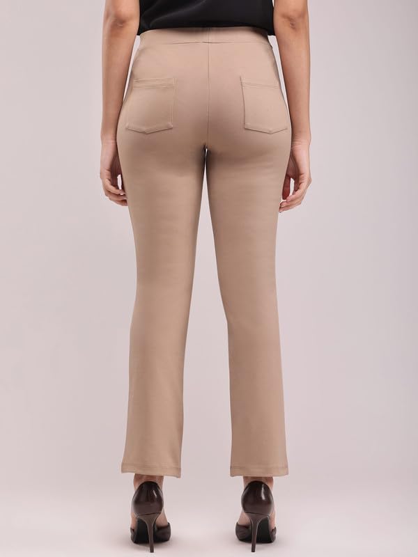 Image of FableStreet Women's Bootcut Stretch Livin Trousers | Nylon Rayon with Mid-Rise Waist | Solid Pattern & Plain Weave Fabric | Office Wear & Business Meetings