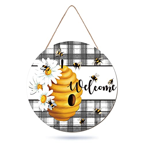 Whaline Bee Welcome Sign Wooden Hanging Sign Front Door Decor Rustic Plaids Daisy Welcome Wood Sign for Spring Summer World Bee Day Home Office Coffee Shop Farmhouse Window