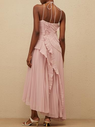 Image of Women Y2k Backless Long Dress Halter Tie Neck Maxi Dress Flowy Beach Sundress Summer Streetwear
