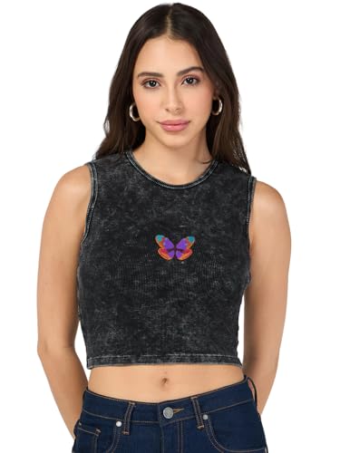 Bewakoof Women's Embroidered Slim Fit Sleeveless Round Neck Pure Cotton Short Top_684704_Black_S Deal