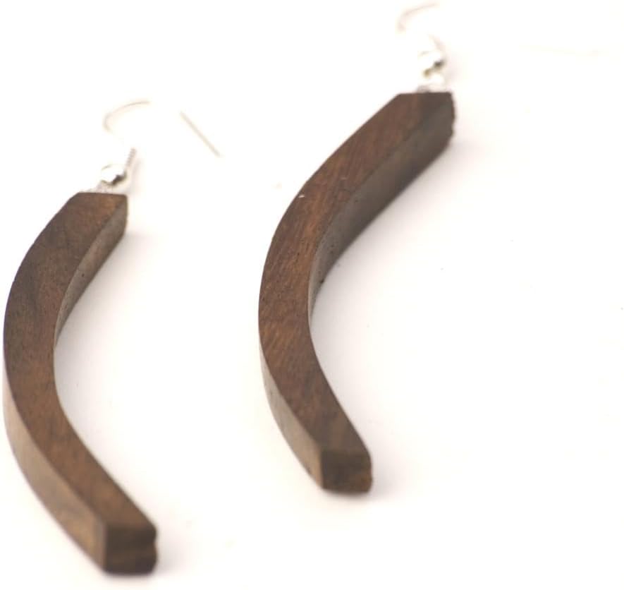 81stgeneration Brown Wood Long Curved Bar Dangle Earrings for Women - Boho Wooden Stick-Shaped Drop Earrings With 925 Silver Hooks - Geometric Wood Jewelry - Natural Tribal Accessory