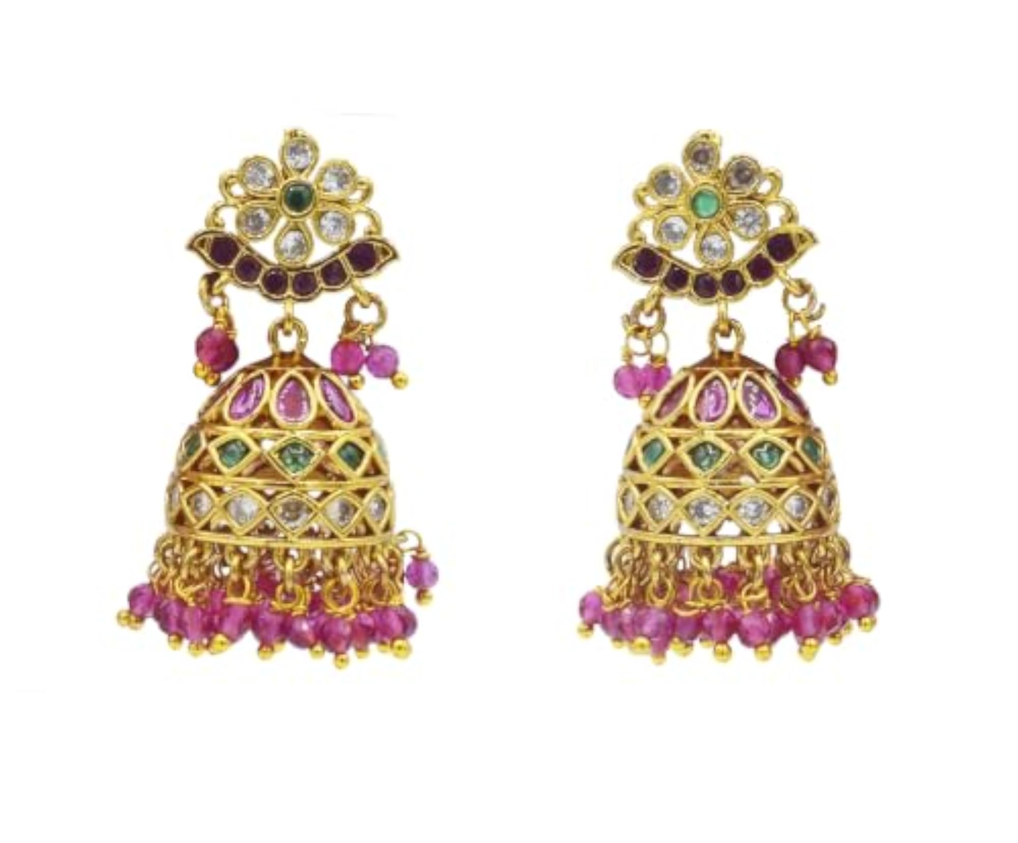Traditional Kundan Jhumka Earrings with Ruby and Pearl Drops