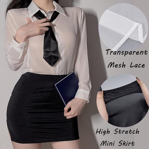 MIZSPISE Lehrerin Dessous-Sets für Damen Sekretärin Sexy Kostüme Frauen Transparent Bluse Minirock Cosplay Rollenspiel Unterwäsche Outfit für Nachthemd Schlafanzug Nachtclub Einheitsgröße – Bild 3