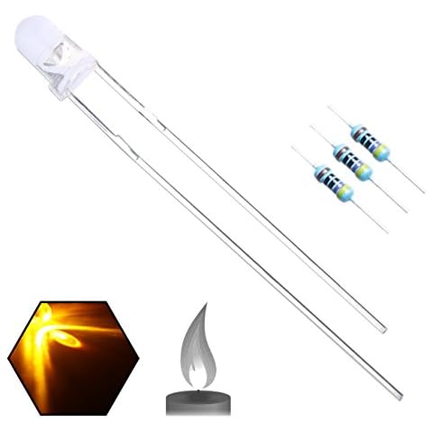 EDGELEC 100pcs 3mm Yellow Lights Flicking LED Diodes (Candle Flickering Lights) Water Clear Round Top 29mm Long Feet 2Pin +100pcs 12V Resistor Included / Transparent Bulb Lamps Light Emitting Diode Cover