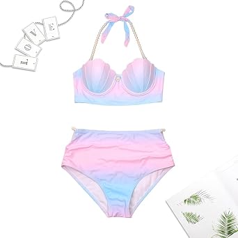 HEARTTOUCH Women's Mermaid Bikini Set Mermaid Shell Bikini Top Underwire Push Up Bra with Pearl High Cut Bikini Briefs Swimsuit Halterneck Swimwear Swimsuit, Blue B, M