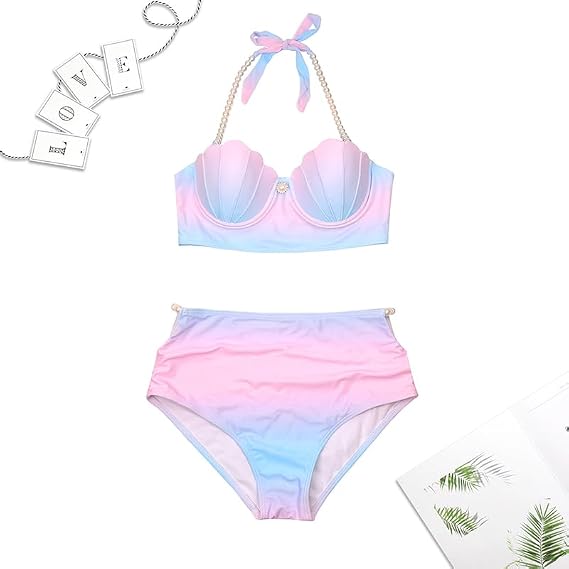 HEARTTOUCH Women's Mermaid Bikini Set Mermaid Shell Bikini Top Underwire Push Up Bra with Pearl High Cut Bikini Briefs Swimsuit Halterneck Swimwear Swimsuit, Blue B, M