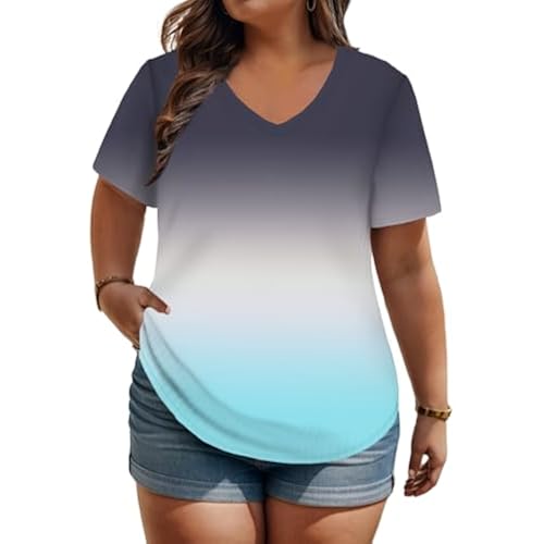 ROSRISS Plus Size Tops for Women Casual Summer T Shirts V Neck Short Sleeve Tunics