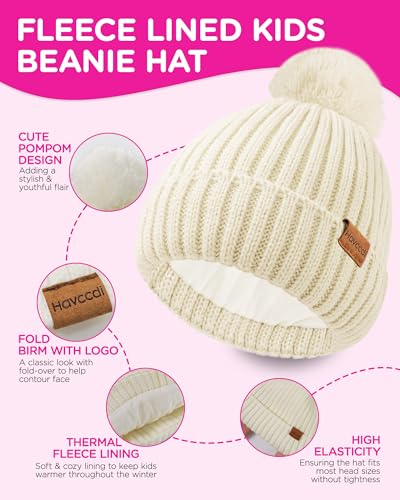 Image of Kids Winter Hat Scarf Gloves Set - Girls Boys Fleece Lined Beanie Hat with Pom Knit Scarf Warm Mittens for Children