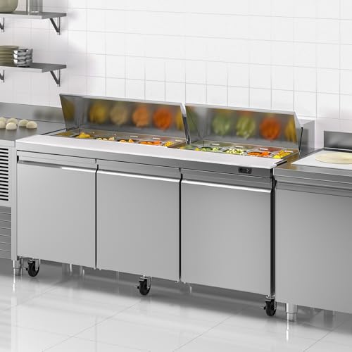Image of Rockitch 72 inch W Commercial Sandwich Prep Table Refrigerator, 21.2 Cu.ft Stainless Steel Sandwich Prep Table with 16 Pans, 3 Doors Fan Cooling Salad Prep Station for Restaurant Food Prep, ETL Approved