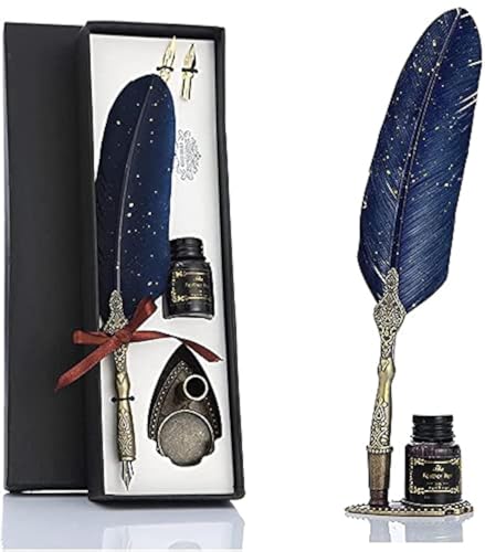 Image of Luxury Feather Quill Dip Pen Set with Stand & Blue Ink - Vintage Calligraphy Writing Kit with 2 Extra Nibs - Elegant Signature Pen Gift for Kids, Writers & Artists (Ink Feather Pen Blue)