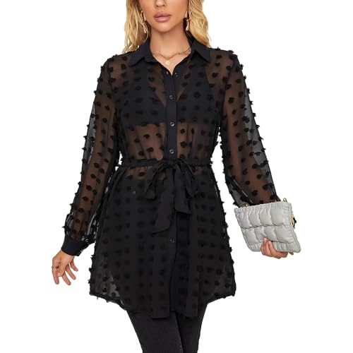 CARE LUCK Polka Dot Sheer Tops for Women Beach Vacation Clothes, Long Sleeve Tie Waist Mesh Swimsuit Beach Cover Up Outfits Black