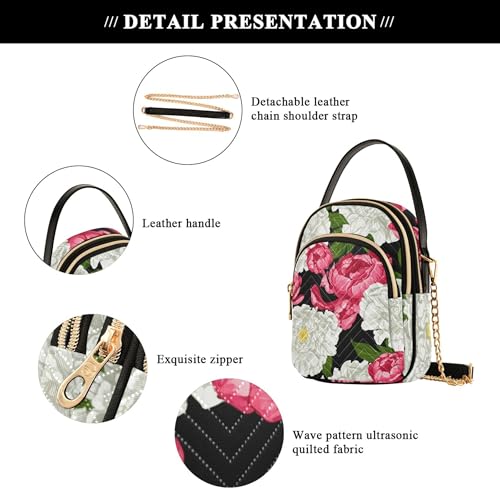 Pink White Peonies Floral Shoulder Handbags for Women Phone Handbag Small Chain Purse Floral Print Zipper Designer Bowler Tote, 5.9" × 8.3" × 3.1" 7