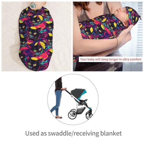 Image of Neon Cats with Moon Newborn Swaddle Blankets Hat Sets Soft Baby Receiving Blanket Swaddle Sack for Baby Shower Infant Boy Girl Gift