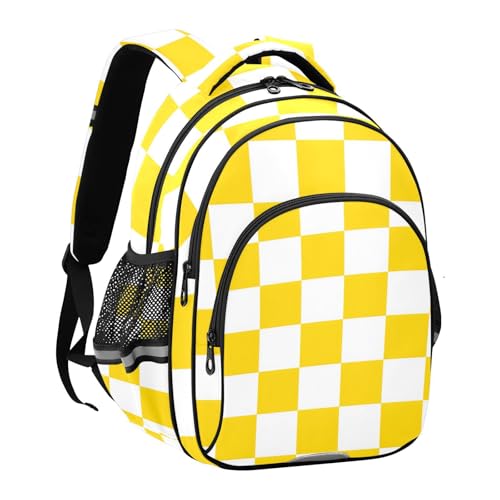School Bag for Teens Yellow and White Checkered Backpack for Boys Girls Lightweight Book Bags Bagpack 16L2