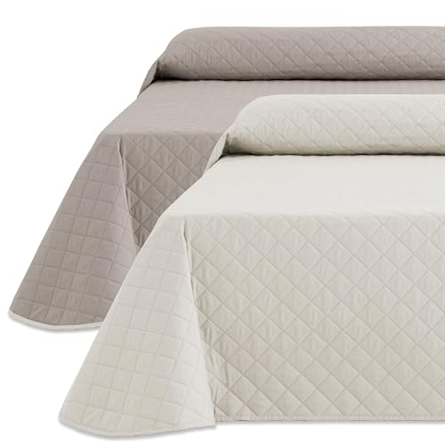 HIPERMANTA Colcha Bouti Lisa Verano Bicolor Acolchada Reversible. Colchas Cubre Cama Individual Fina Primavera y Entretiempo. Colcha Cama 150 cm Color Marfil/Lino. Ribete Marfil