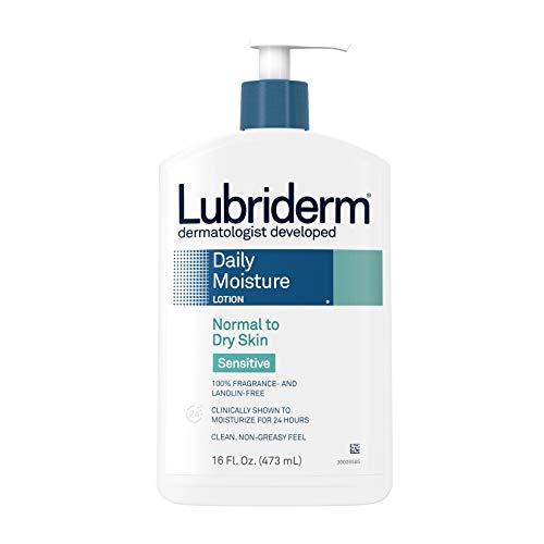 Lubriderm Daily Moisture Body Lotion for Sensitive, Dry Skin, Enriched with Vitamin B5, Dye and Lanolin Free, Unscented and Non-Greasy, 16 fl. oz
