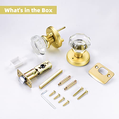 Clctk Gold Door Knob With Lock, Octagon Crystal Glass Door Knobs For Interior Door, Privacy Function Bathroom Bedroom Door Knobs Interior, Satin Brass Finish #TOP6